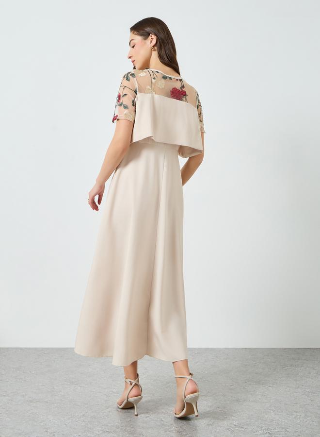 Take Two Women Beige Floral Embroidered Contrast Mesh Midi Dress - Image 3